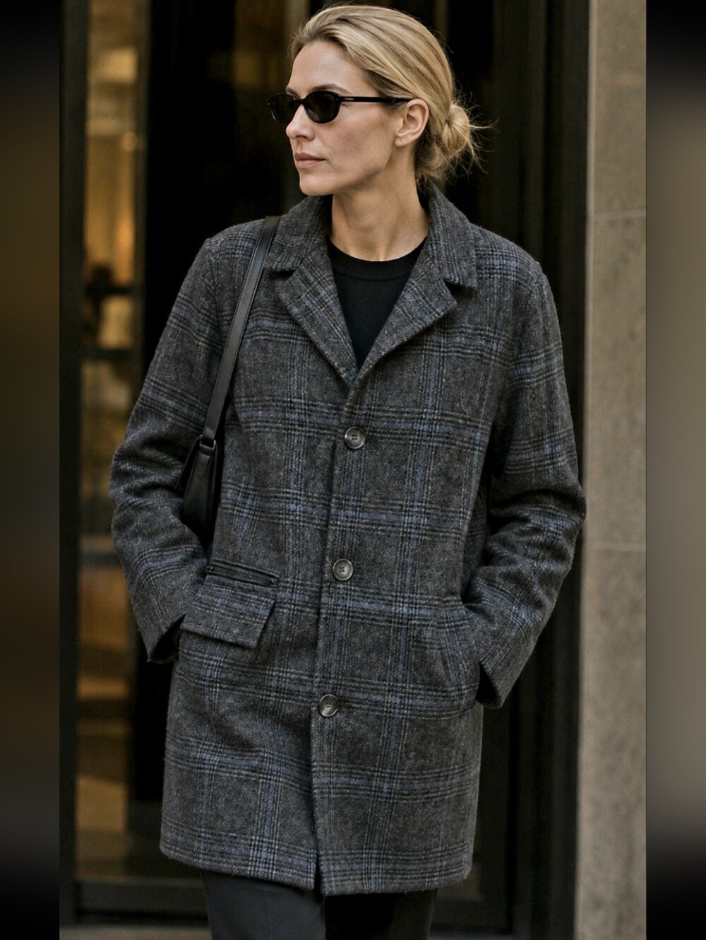Calvin Klein Couture Unisex Charcoal W/blue Plaid Wool Overcoat Carolyn Kennedy